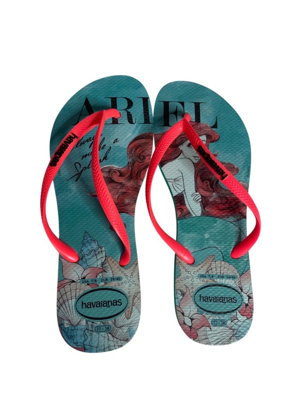 Disney Havaianas Ariel Flip-Flops For Women Size 7/8 Turquoise & Red Comfortable
